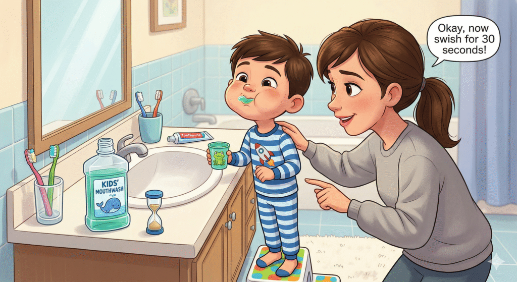 child using mouthwash safely under parent supervision

