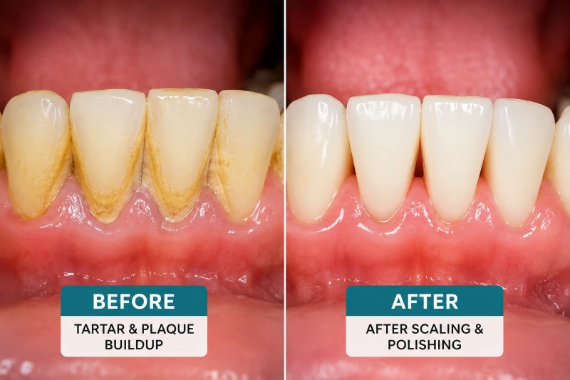 Before and after dental scaling and polishing — teeth cleaning results at a South Kolkata dental clinic