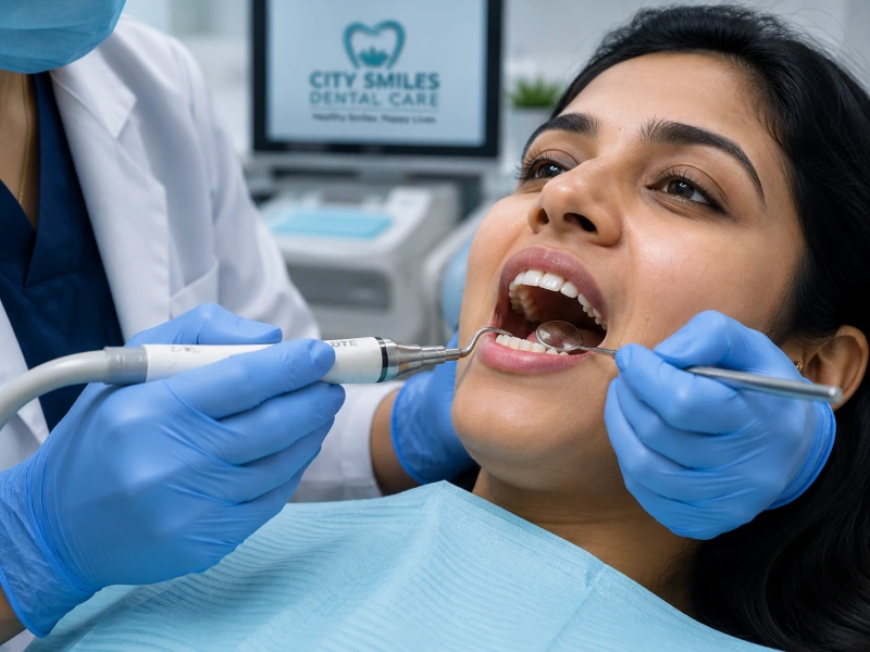  Dentist performing ultrasonic scaling and polishing procedure at City Smiles Dental Care near Jadavpur