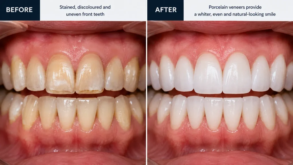 Before and after dental veneers for stained teeth at City Smiles Dental Care South Kolkata