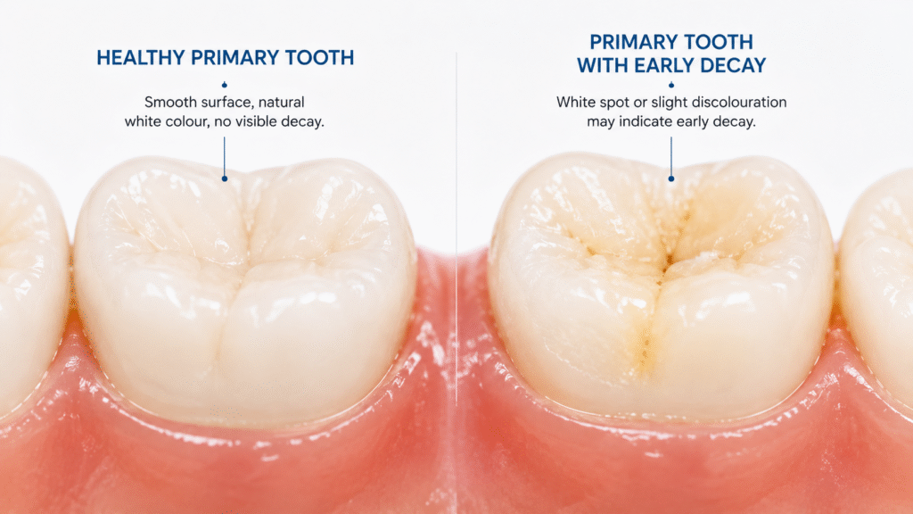 Illustration showing early childhood tooth decay in a primary tooth — common dental problem in children treated at City Smiles Dental Care
