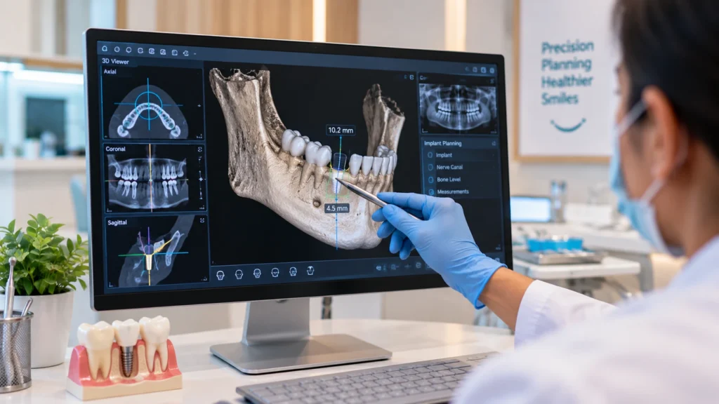 3D CBCT scan used to measure bone density for dental implants during candidacy assessment