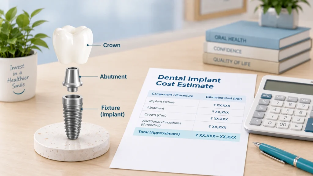 Dental implant cost in Kolkata 2026 — implant components with itemized price breakdown at City Smiles Dental Care