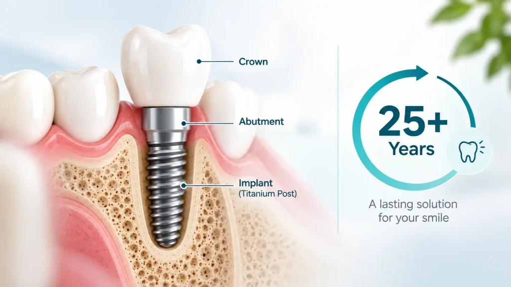 Dental implant lifespan diagram showing titanium post, abutment and crown with 25-year longevity timeline