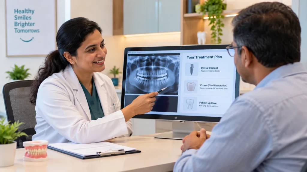 Dentist explaining single tooth implant cost during consultation at City Smiles Dental Care, South Kolkata