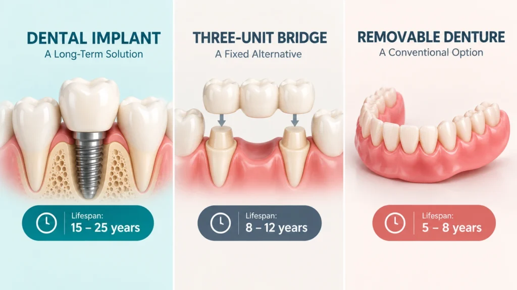 Teeth replacement cost comparison — dental implant vs bridge vs denture lifespan in Kolkata