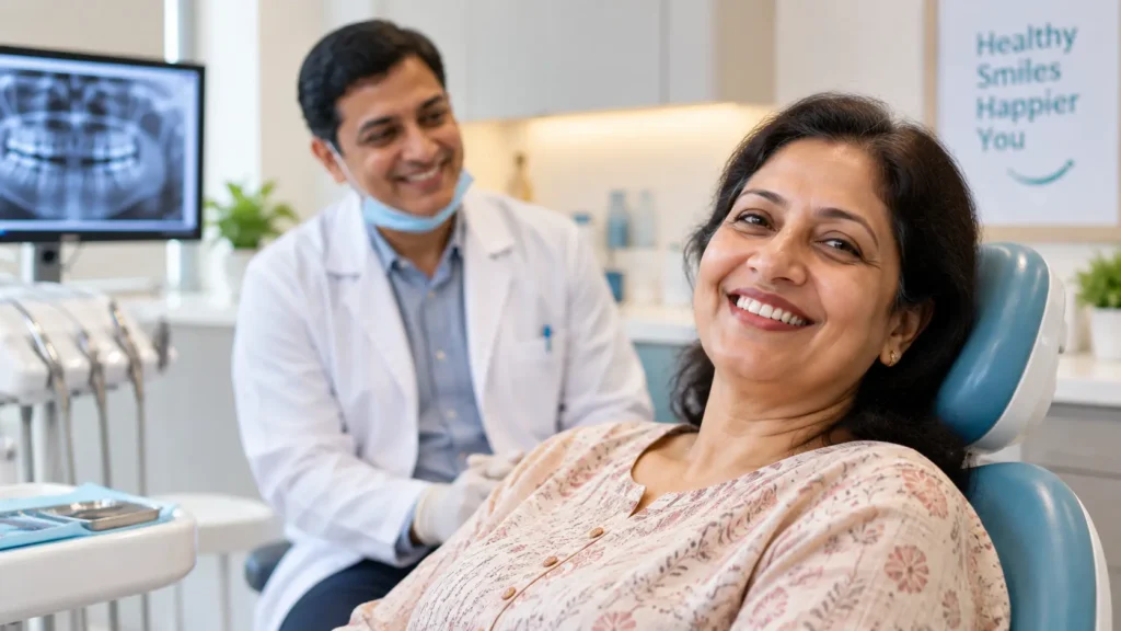 Happy patient smiling after tooth implant treatment at a dental clinic in South Kolkata