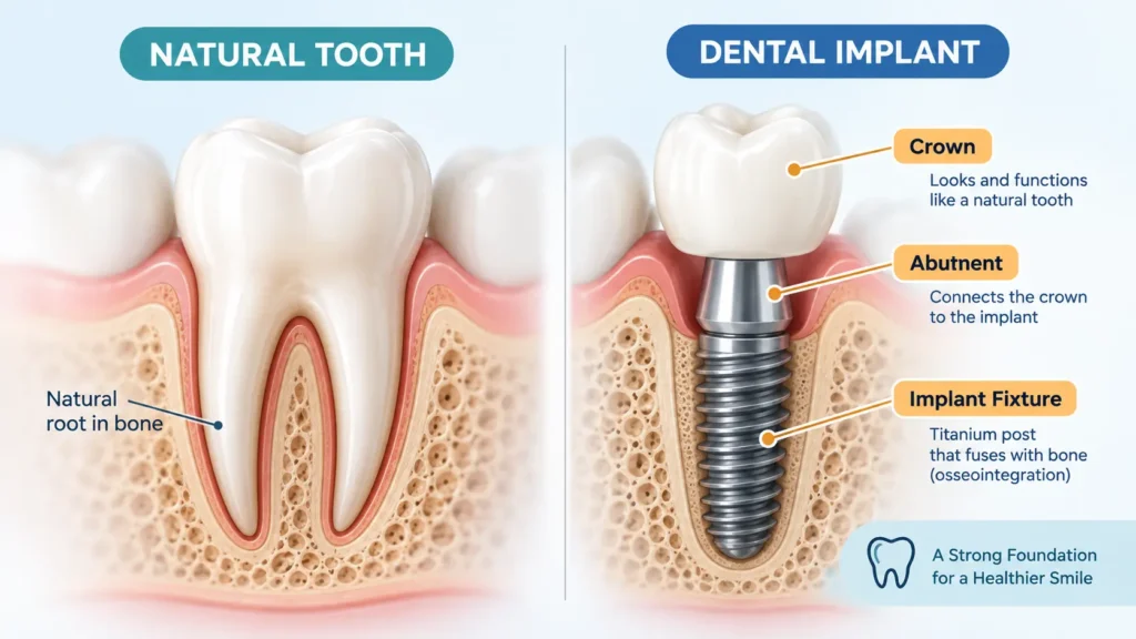 Dental implant procedure timeline showing five stages from consultation to final crown placement