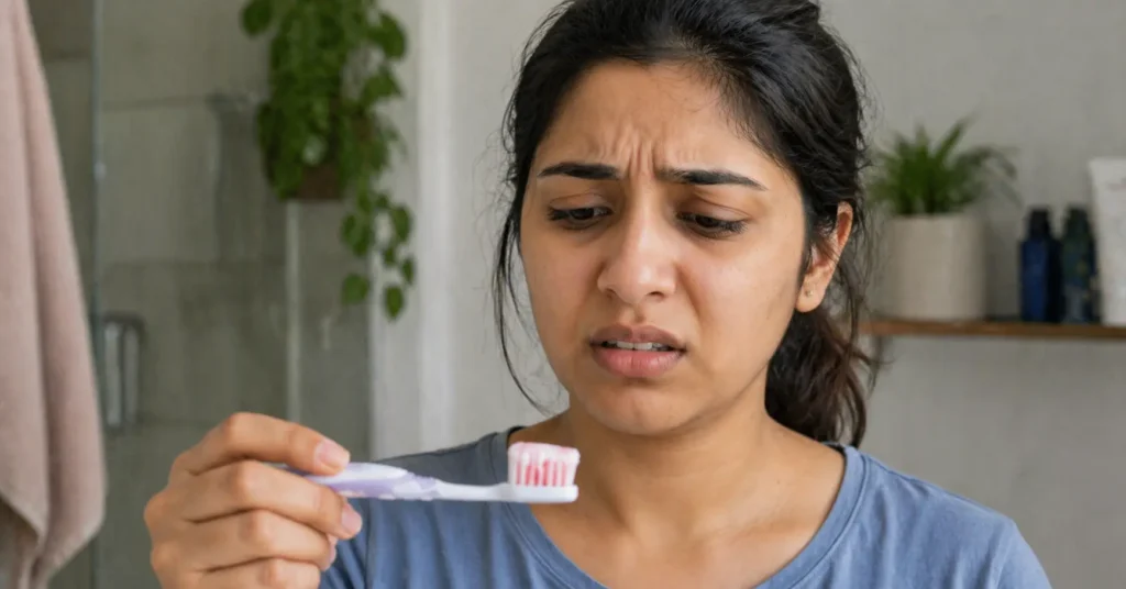 Patient noticing bleeding gums while brushing, seeking bleeding gums treatment at City Smiles Dental Care