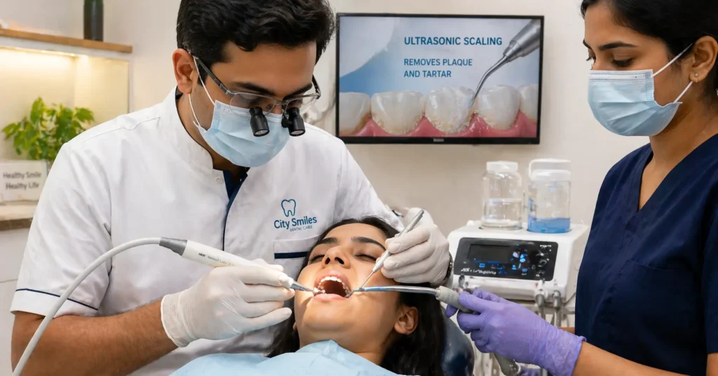 Dental hygienist performing scaling — part of bleeding gums treatment at South Kolkata clinic