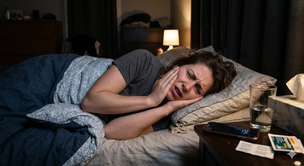 Person experiencing severe tooth pain at night unable to sleep