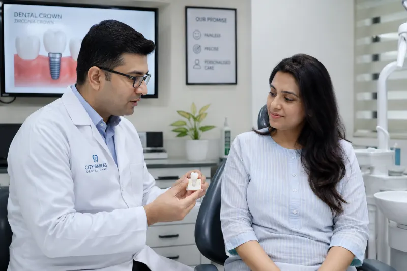 Dentist explaining dental crown cost in Kolkata to a patient at City Smiles Dental Care, South Kolkata