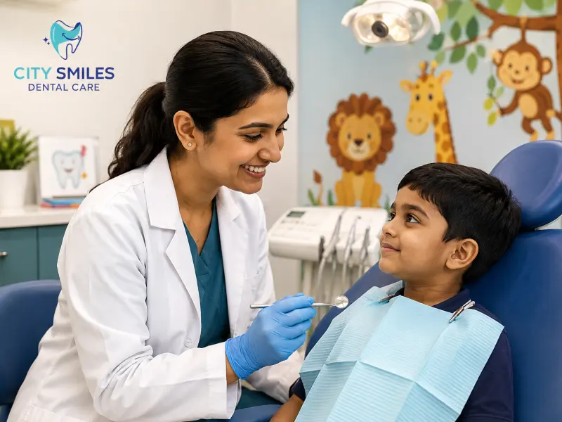 Friendly kids dentist in South Kolkata examining a child patient at City Smiles Dental Care