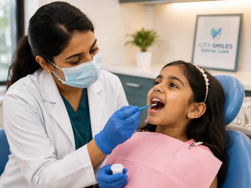Fluoride treatment for children being applied by a dentist at City Smiles Dental Care in South Kolkata
