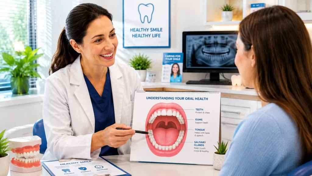 Xerostomia treatment Kolkata — dentist explaining dry mouth treatment options to a patient