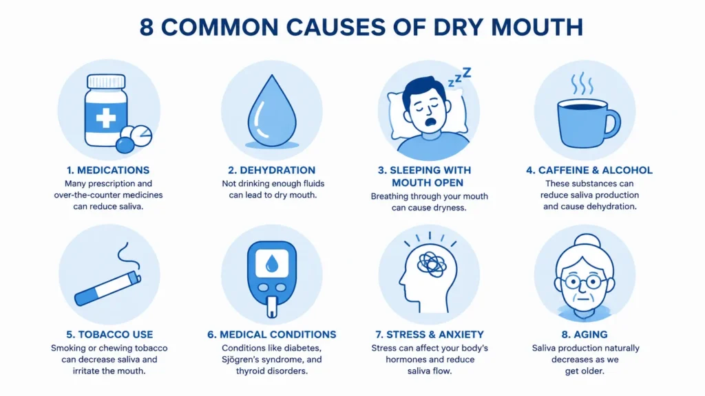 Common causes of dry mouth and xerostomia — infographic for dental patients in Kolkata