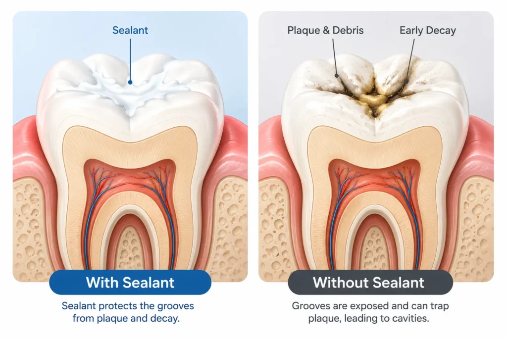 Diagram comparing pit and fissure sealants vs no sealant on a child's molar