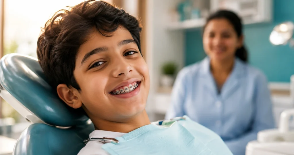A child with metal braces smiling at a dental clinic in South Kolkata