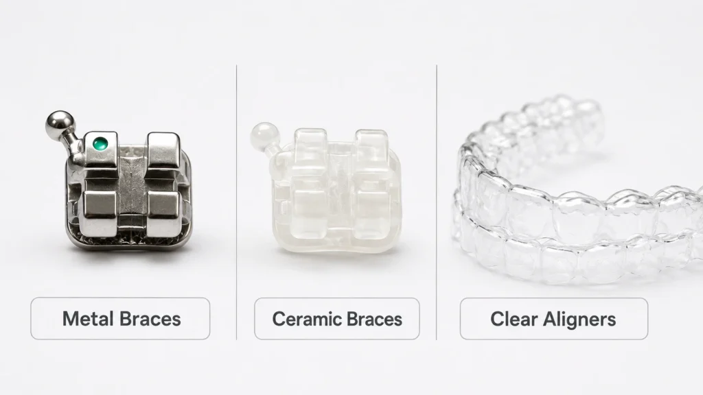 Comparison of metal braces, ceramic braces, and clear aligners for children