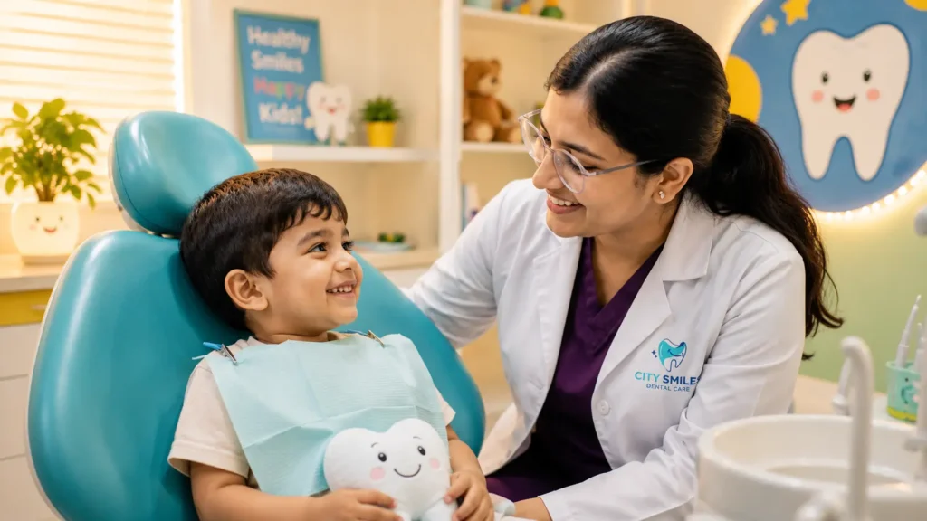 Child sitting comfortably in dental chair during first dentist visit at City Smiles Dental Care South Kolkata