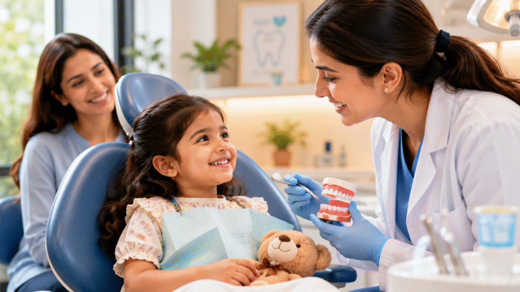Pediatric dentist in Kolkata gently examining a young child at City Smiles Dental Care in South Kolkata