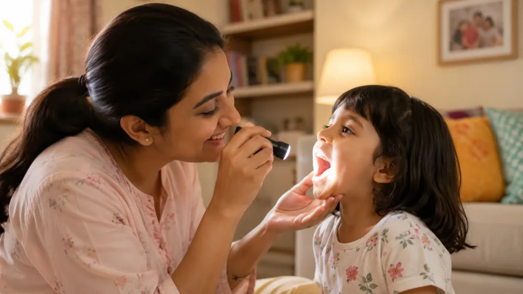 Parent role-playing dentist visit with young child at home to reduce dental anxiety before first appointment