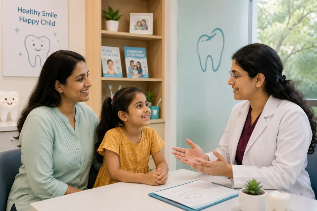 Pediatric dentist near me — dentist consulting with parent and child in South Kolkata
