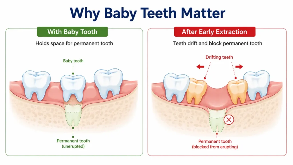 Illustration showing why saving a baby tooth with a root canal prevents spacing and crowding problems
