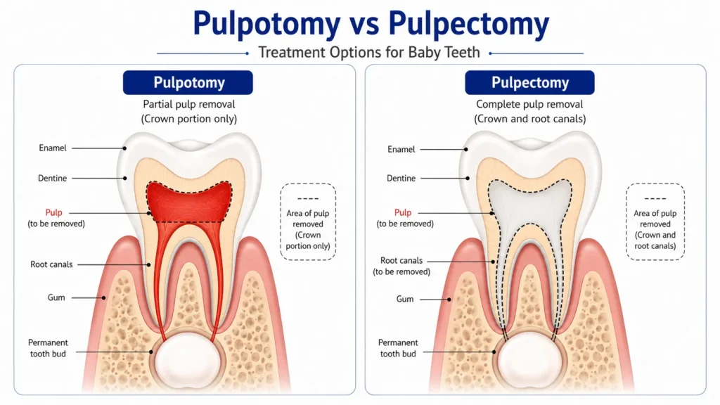 Diagram comparing pulpotomy and pulpectomy for children's root canal treatment