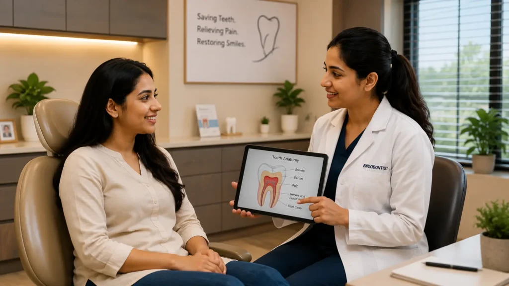 Dentist answering root canal FAQs with a patient at City Smiles Dental Care South Kolkata