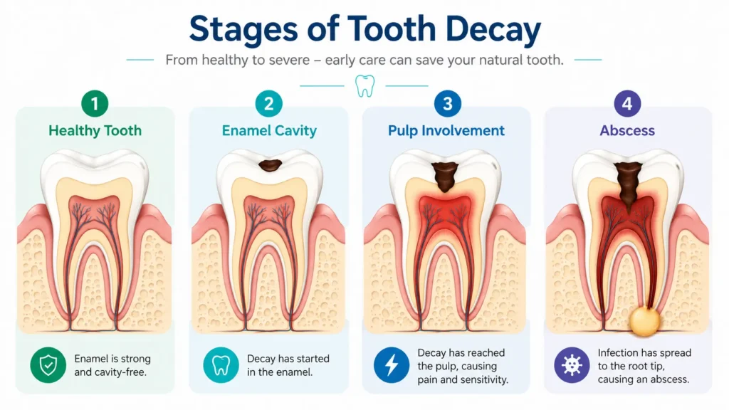 Diagram showing tooth decay stages that lead to root canal treatment — common root canal questions explained