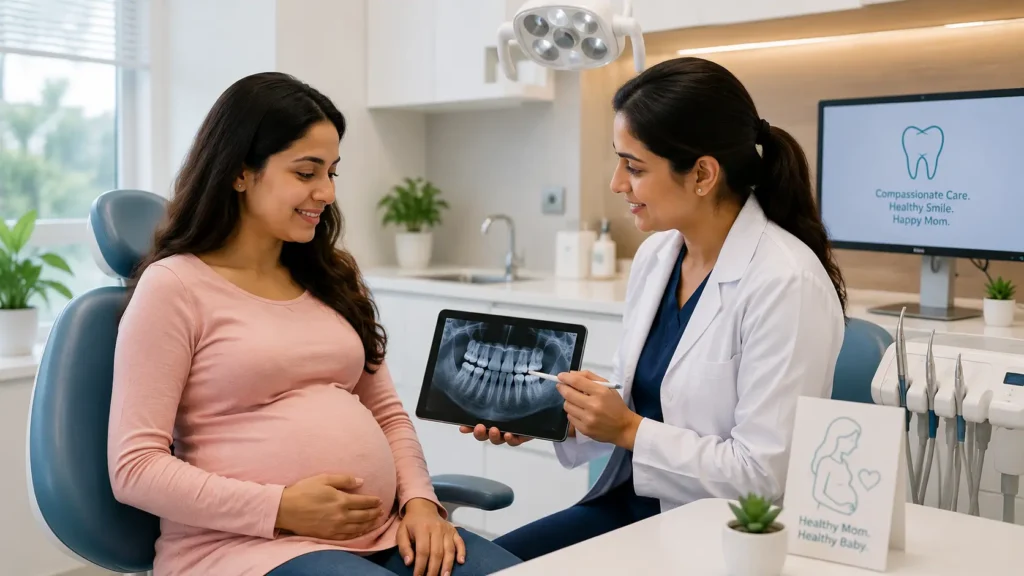Trimester timeline showing the second trimester as the safest time for dental treatment during pregnancy