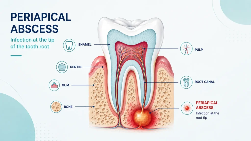 Dental abscess diagram showing infection at the tooth root tip