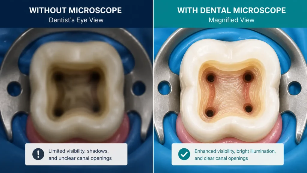 Comparison of dentist's view during conventional root canal vs microscope endodontics — magnification and illumination difference