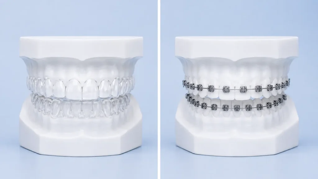Clear aligners vs braces comparison showing both orthodontic treatment options

