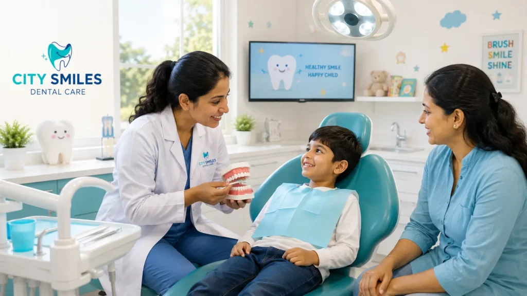 Child receiving a comfortable dental exam for dental pain child evaluation