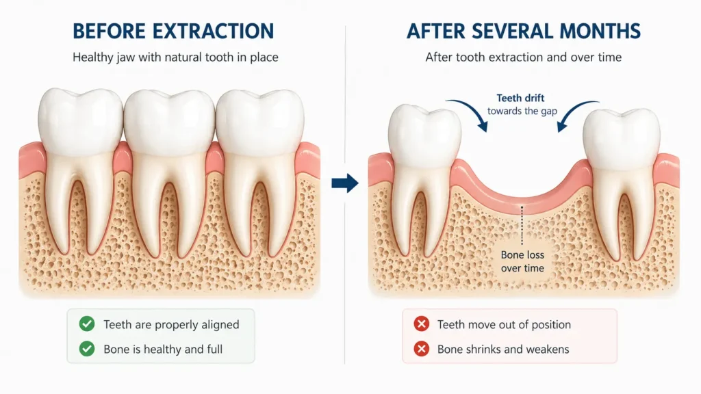 Diagram showing tooth shifting and bone loss after an unreplaced tooth extraction