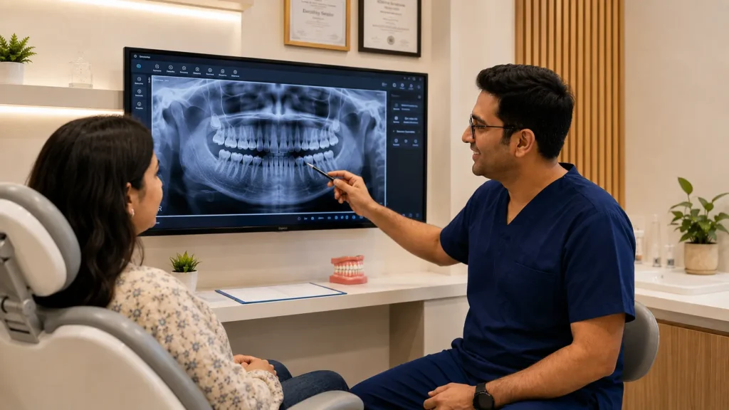 Dentist reviewing dental X-ray with patient at City Smiles Dental Care South Kolkata