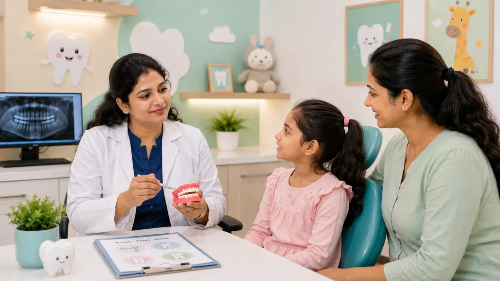 Pediatric dentist examining child's teeth for thumb sucking effects at South Kolkata clinic