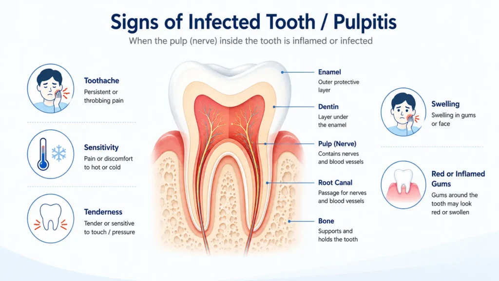 Diagram showing root canal symptoms and tooth nerve infection