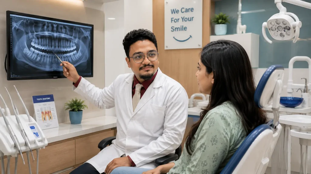 Dentist explaining signs you need a root canal using a dental X-ray