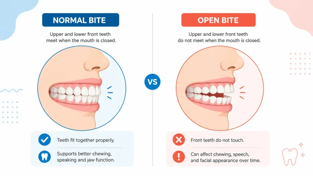 Diagram comparing normal bite to open bite from thumb sucking teeth effects