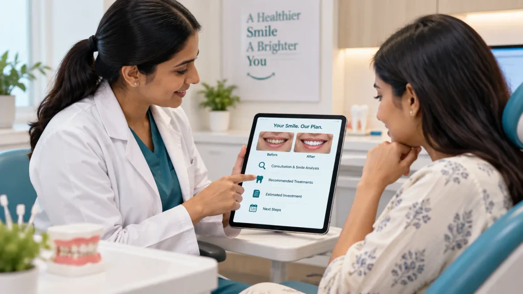Dentist explaining cosmetic dentistry cost in Kolkata to a patient during a consultation at a South Kolkata clinic
