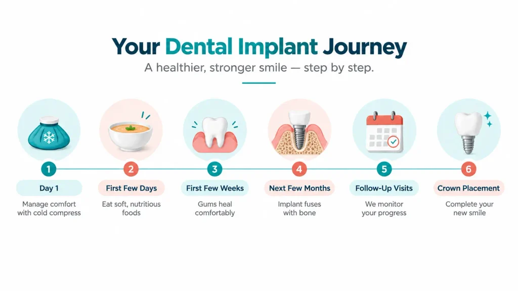 Dental implant recovery timeline showing week by week healing stages from surgery to crown placement
