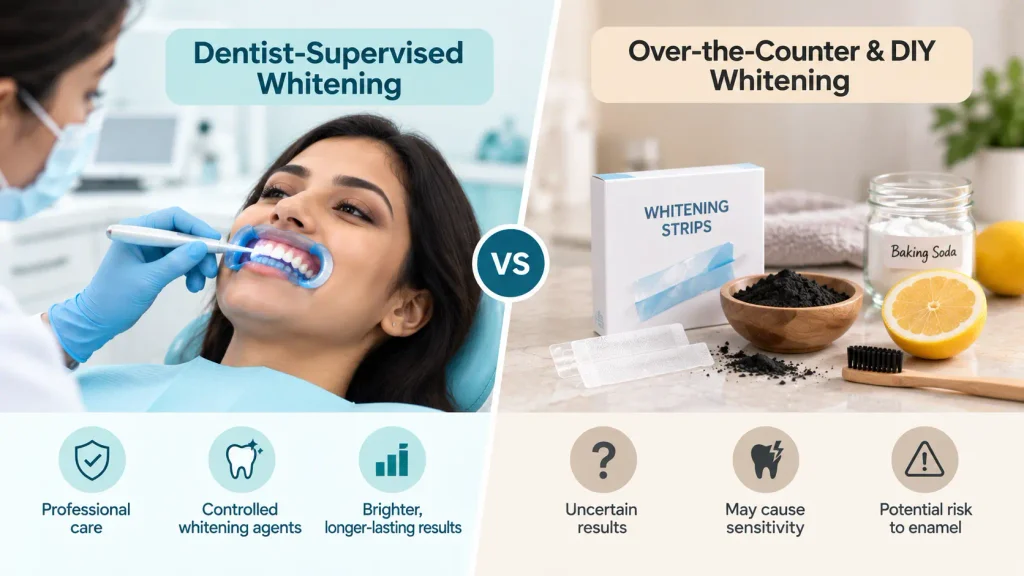 Comparison of professional dental whitening with gum protection versus unsupervised DIY whitening methods
