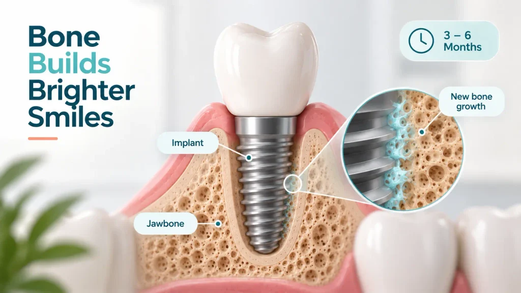 Diagram of osseointegration during implant surgery recovery showing jawbone fusing with a dental implant