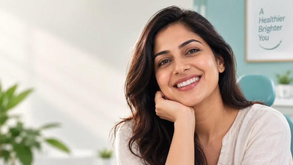 Woman smiling confidently after a smile makeover in Kolkata at City Smiles Dental Care