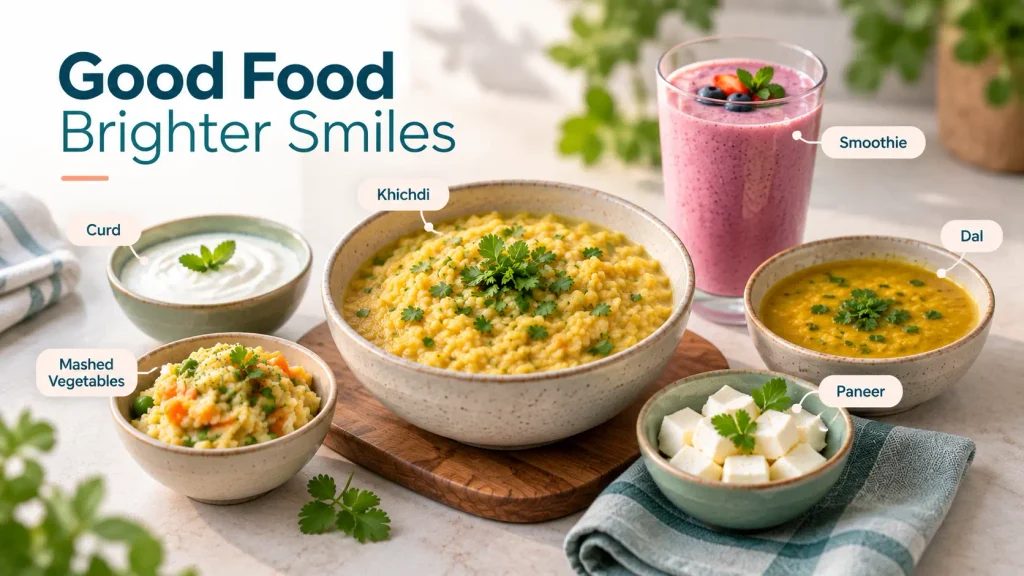 Soft Indian foods recommended for post implant care including khichdi, curd, and dal during implant healing
