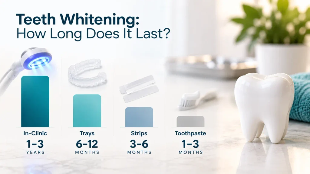 Teeth whitening duration comparison chart showing longevity of professional whitening vs home kits