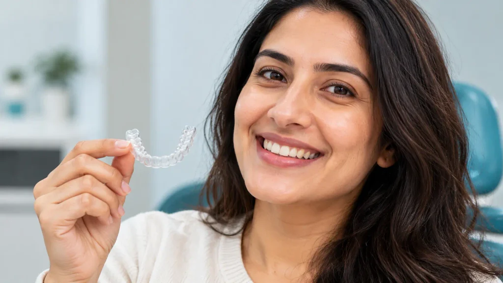 Adult patient smiling with ceramic braces, showing it is never too late for orthodontic treatment